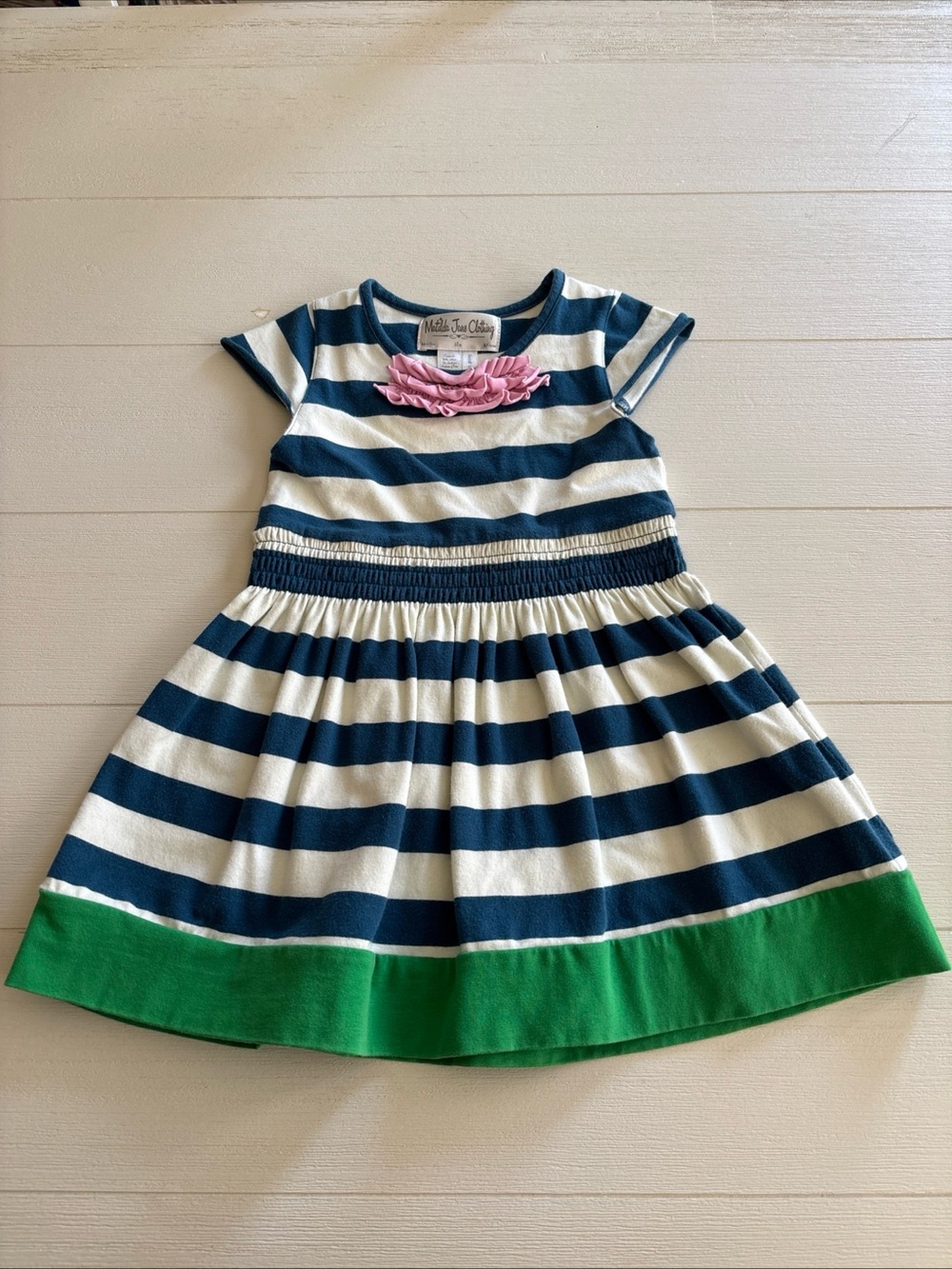 Matilda Jane Navy & White Striped Dress with Pink Rosette and Green Hem